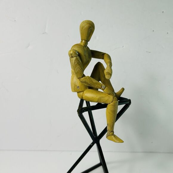 Wooden Jointed Artist Figure Sitting on Metal Stand Modern Figurine Decor 10" - Picture 3 of 7